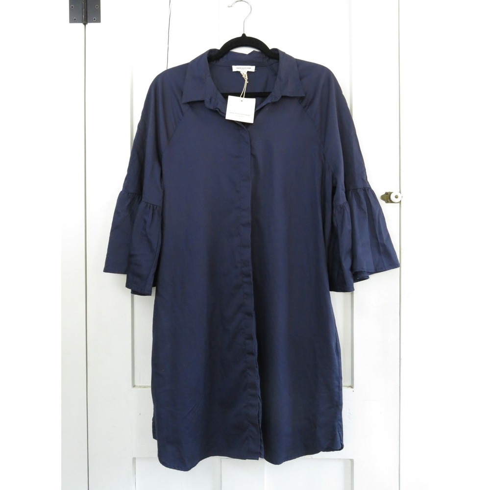 Beach lunch lounge Kiya Navy Blue Ruffle Sleeve Shirt Dress L1684A Large NWT